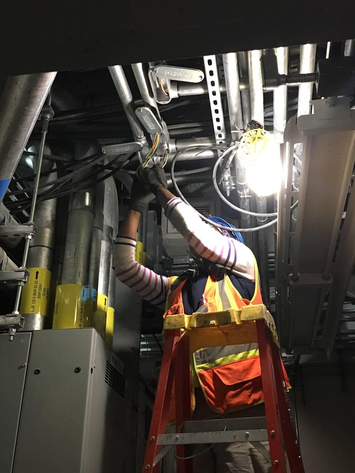 Elektriker auf einer Leiter bei der Verkabelung einer Leitungsführung unter der Decke